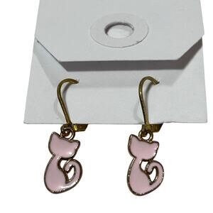 Pink Gold Enamel Cat Charm French Hook Earrings Gold Pet Kitty Whimsical Fashion